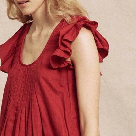 The Great The Flutter Tulip Dress Red Linen Cotton Ruffle Sleeves Pockets Large - Picture 3 of 10